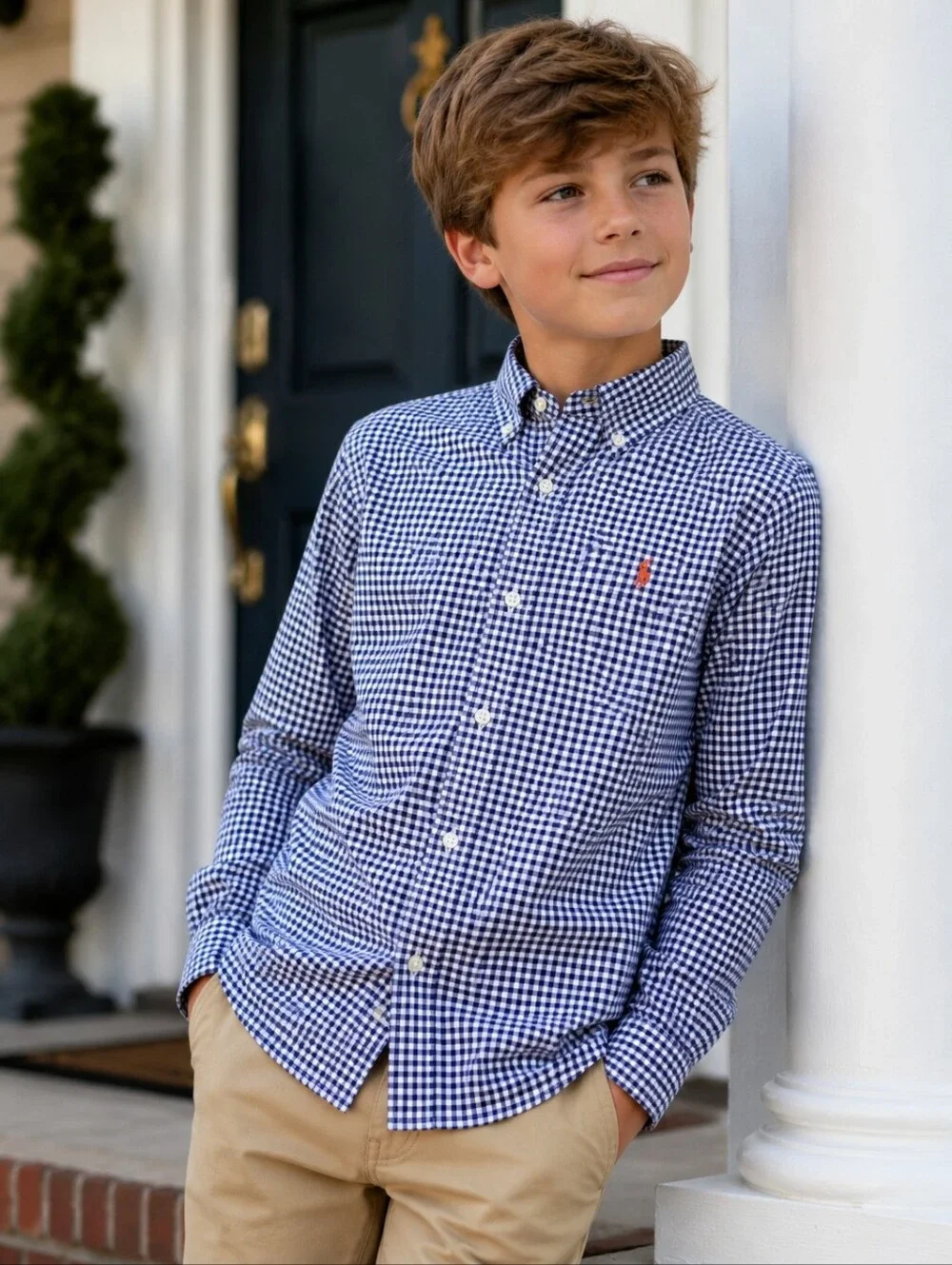 RALPH LAUREN Boys Button Down Shirt Size Medium Blue White Gingham Cotton Preppy